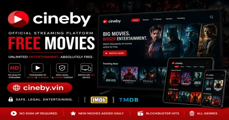 Cineby official streaming platform homepage featuring free movies and TV shows, HD streaming, multi-device support, IMDb and TMDB licensed content, and the Cineby.vin branding with a modern cinematic interface.